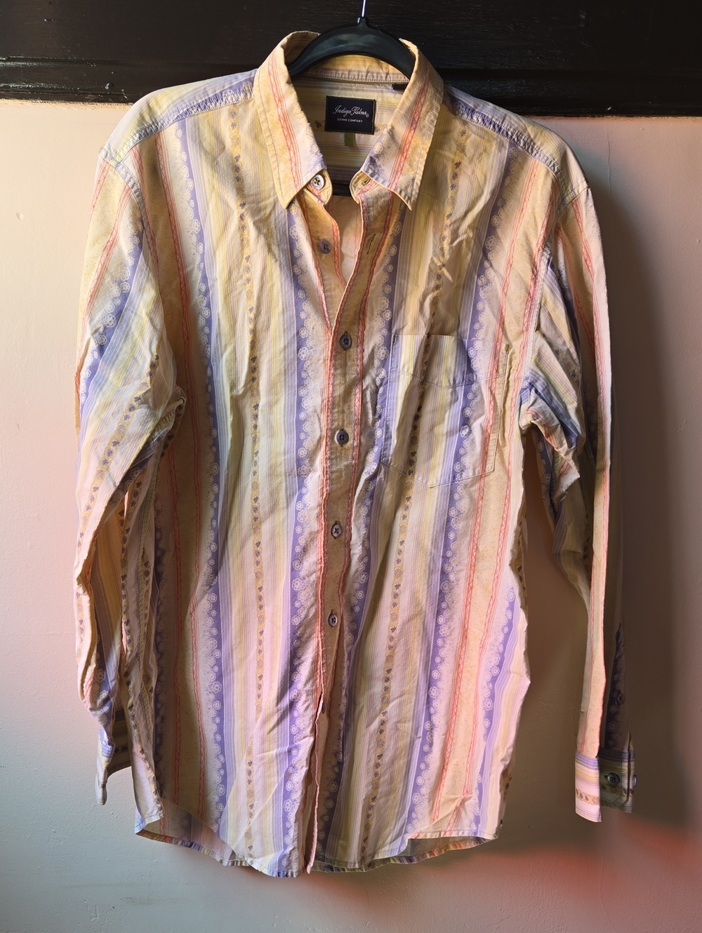 INDIGO PALMS - Men's M Yellow and Blue Striped Patterned Dress Shirt